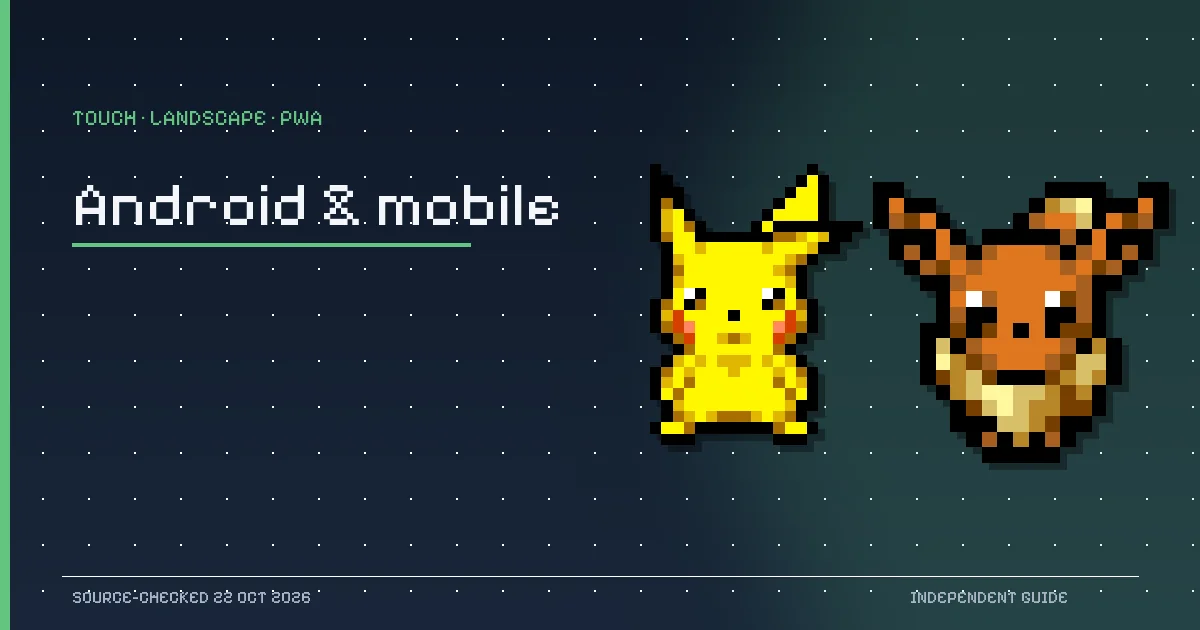 Pikachu and Eevee pixel sprites from PokeSurvivor illustrating mobile touch controls and home-screen play.