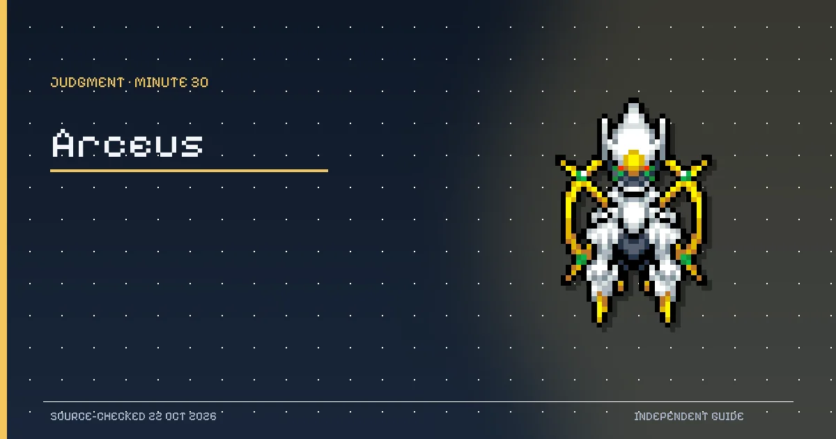 Arceus pixel sprite from PokeSurvivor illustrating the Judgment encounter at minute 30.