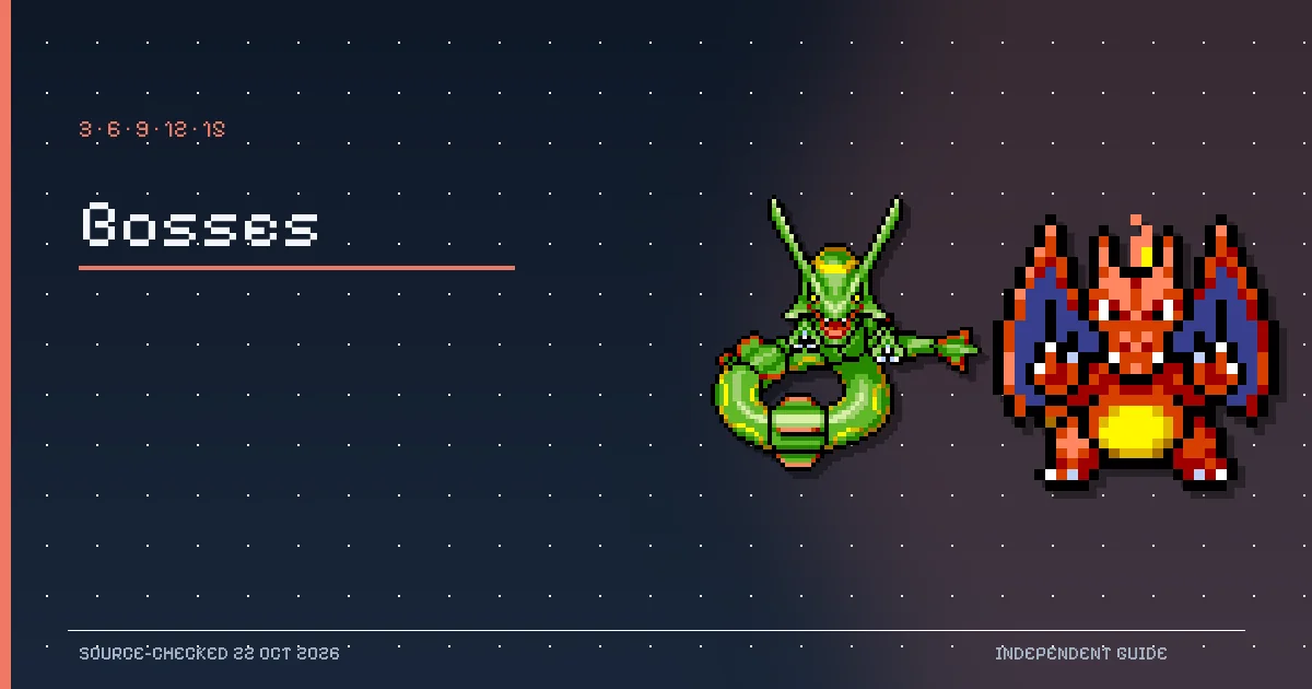 Rayquaza and Charizard pixel sprites from PokeSurvivor illustrating scheduled boss encounters.