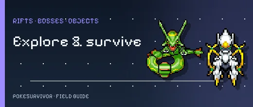Rayquaza and Arceus pixel sprites from PokeSurvivor beside the world and boss guide category.
