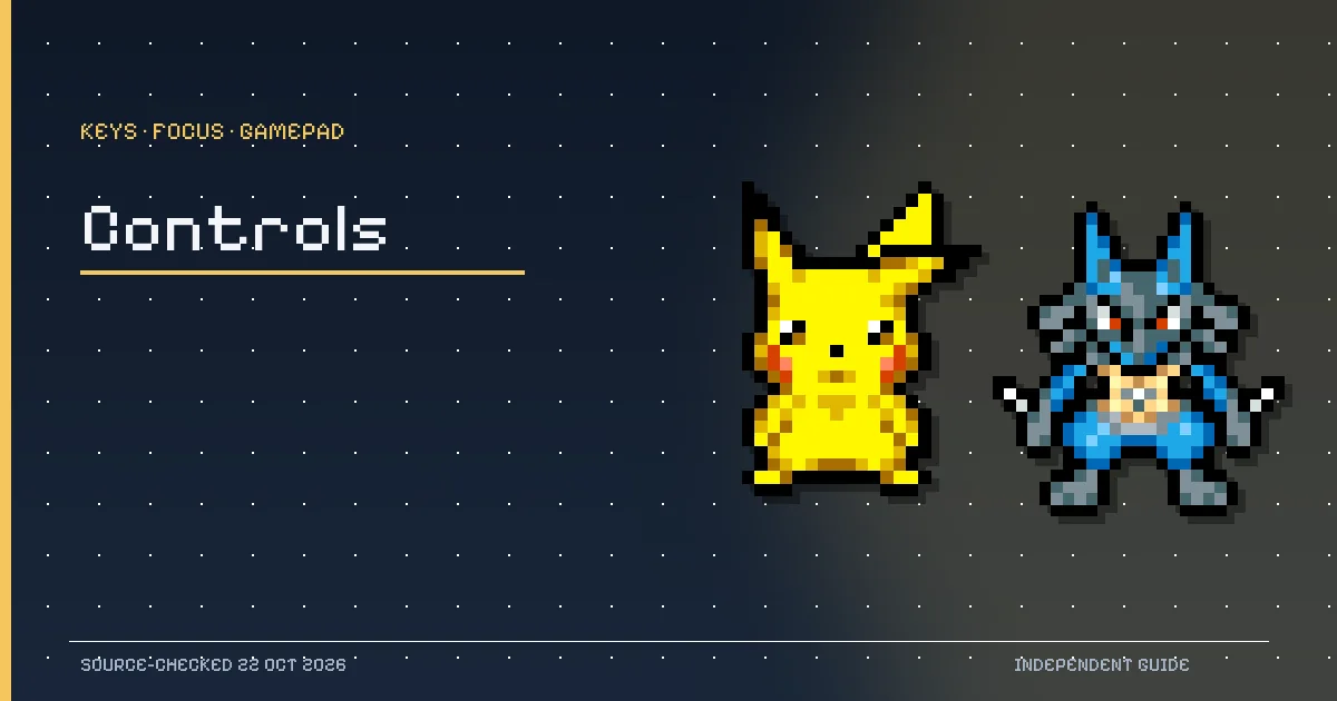 Pikachu and Lucario pixel sprites from PokeSurvivor illustrating keyboard, gamepad and touch controls.