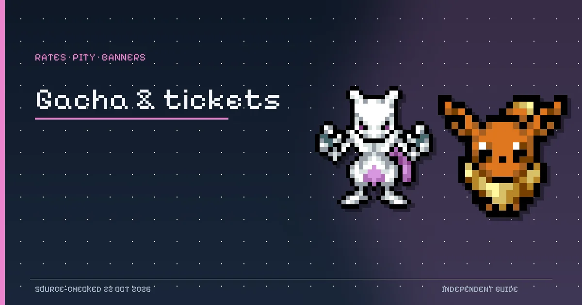 Mewtwo and Eevee pixel sprites from PokeSurvivor illustrating gacha banners and ticket collection.