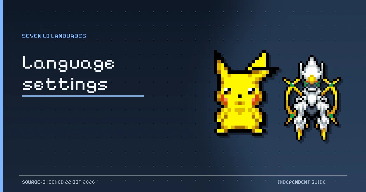 Pikachu and Arceus pixel sprites from PokeSurvivor illustrating language settings and localized interface text.