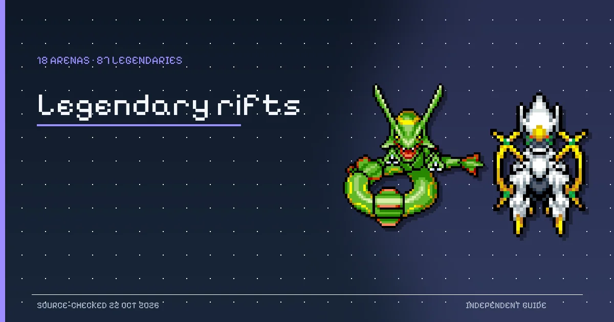 Rayquaza and Arceus pixel sprites from PokeSurvivor illustrating legendary rift arenas.