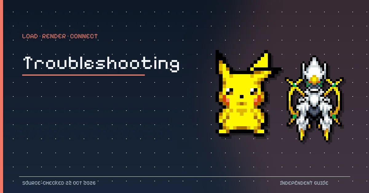 Pikachu and Arceus pixel sprites from PokeSurvivor illustrating loading and performance troubleshooting.