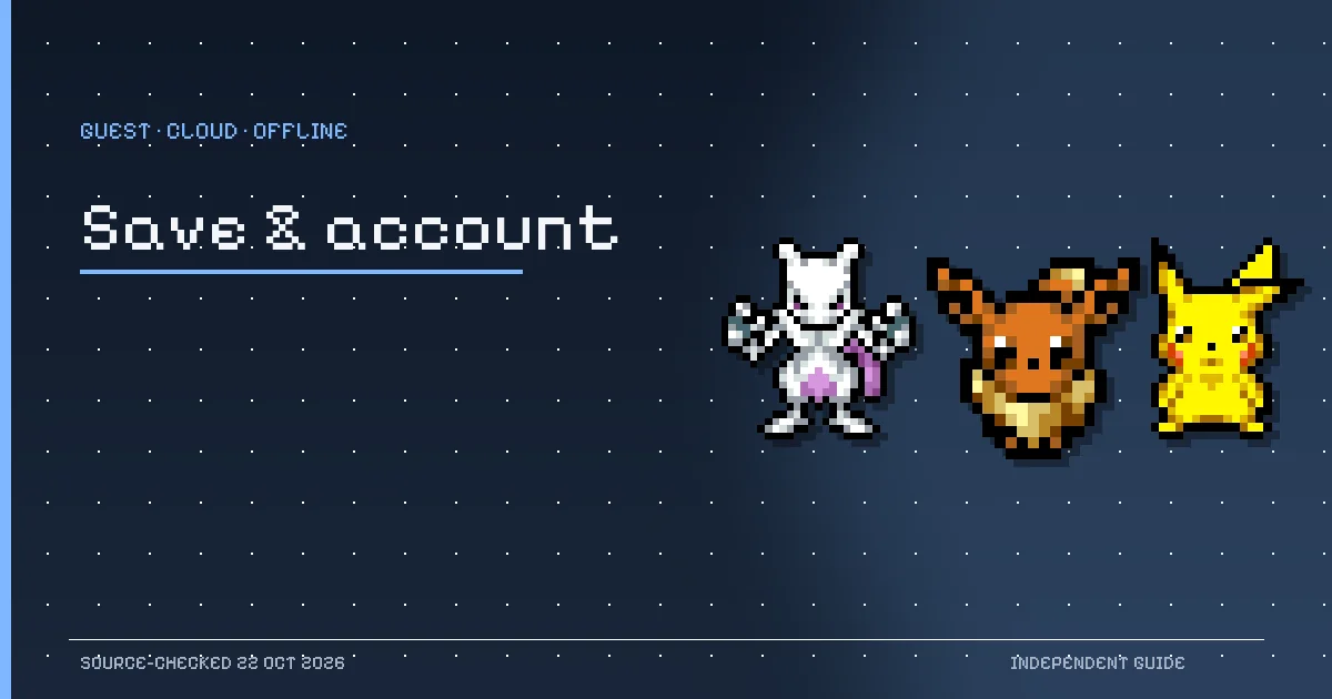 Mewtwo, Eevee and Pikachu pixel sprites from PokeSurvivor illustrating cloud saves and account recovery.