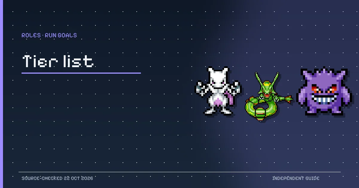 Mewtwo, Rayquaza and Gengar pixel sprites from PokeSurvivor illustrating the community tier-list guide.
