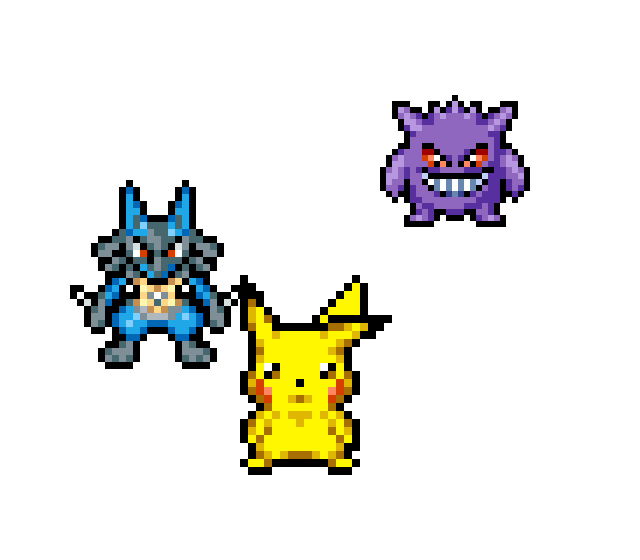 Pikachu, Lucario and Gengar pixel sprites from PokeSurvivor, arranged as Pokémon partners for the game guide.