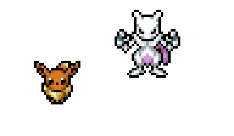 Eevee and Mewtwo pixel sprites from PokeSurvivor beside the online and offline platform choices.