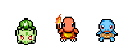 Bulbasaur, Charmander and Squirtle pixel sprites from PokeSurvivor, introducing Pokémon partners.